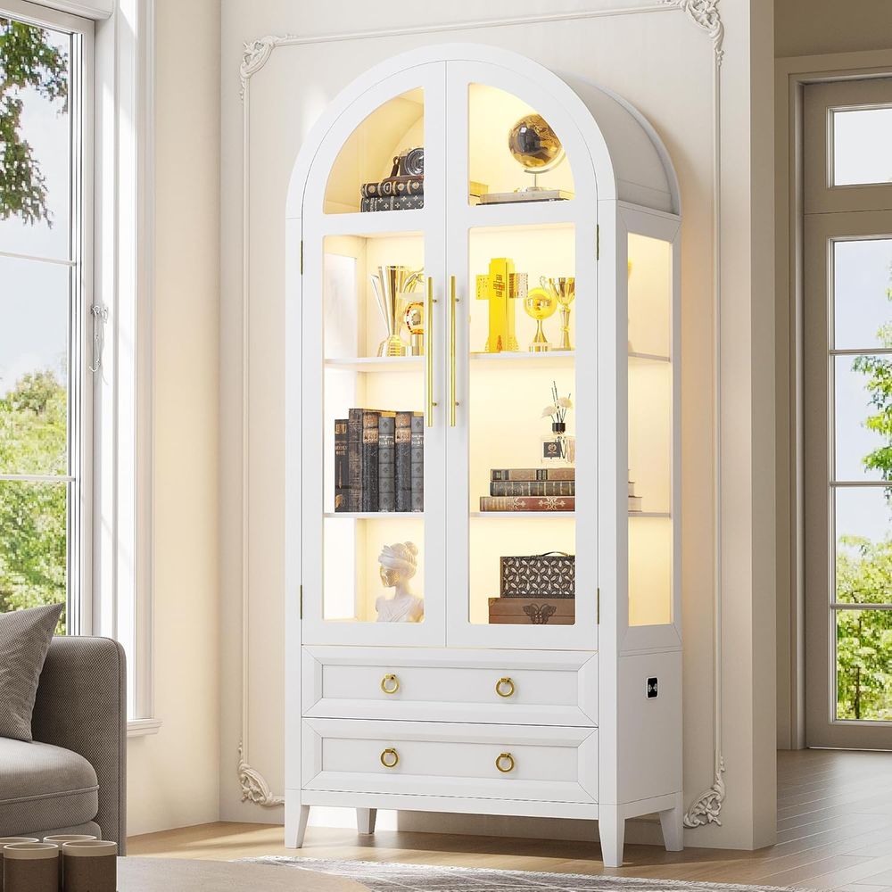 Glass Cabinet Display - 71 White Arched Glass Door Display