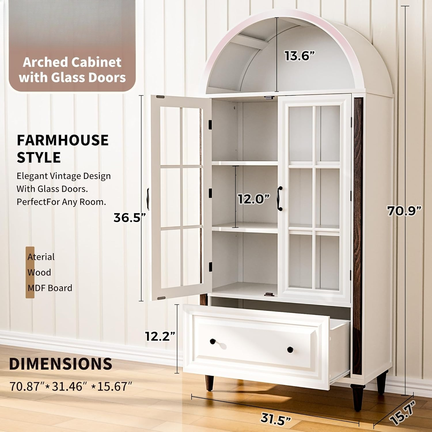 71” Handcrafted Arched Bookcas - Glass Cabinet Display avis et prix