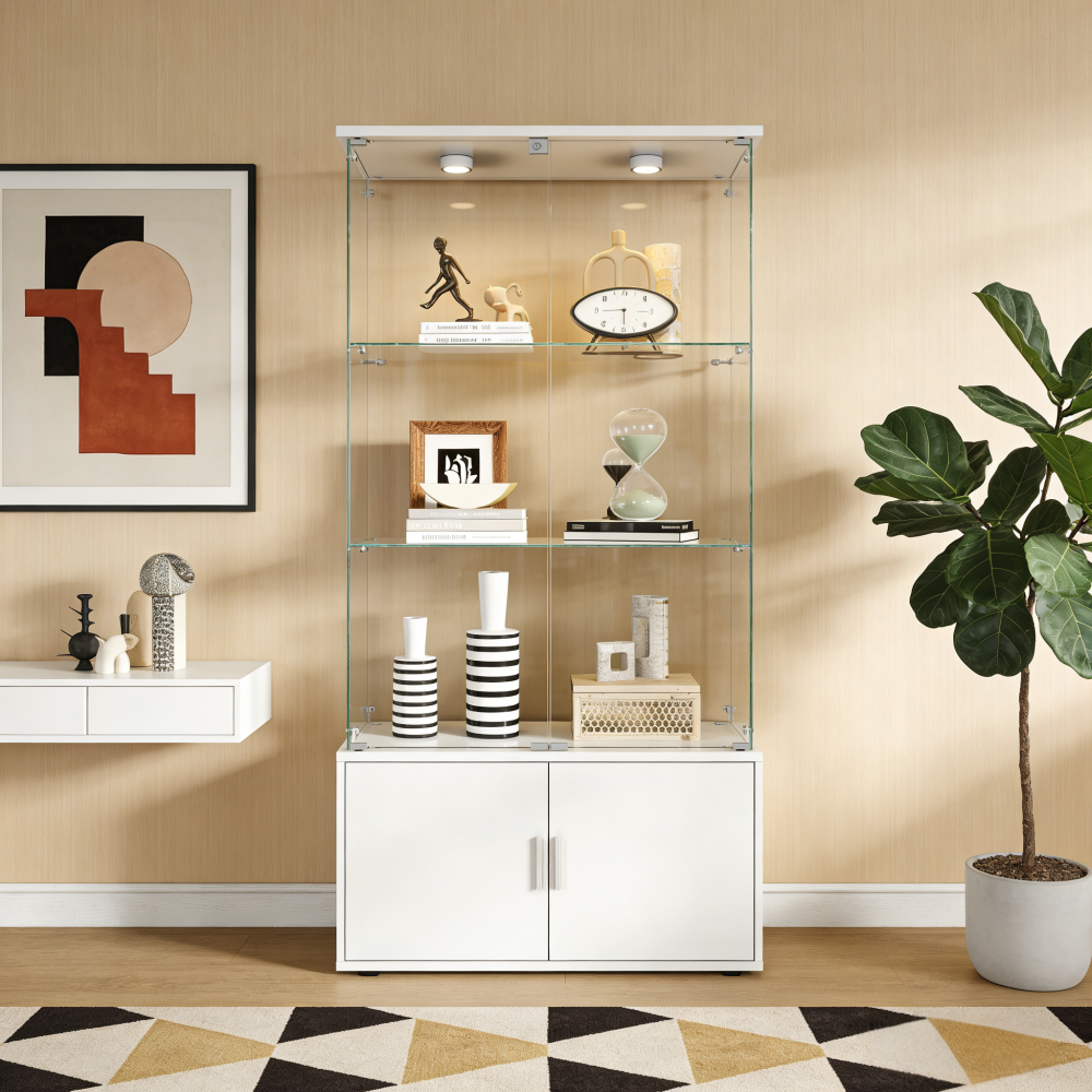 White Double-door 4-Layer Stor - Glass Cabinet Display avis et prix