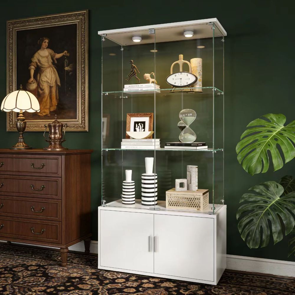 White Double-door 4-Layer Stor - Glass Cabinet Display avis et prix