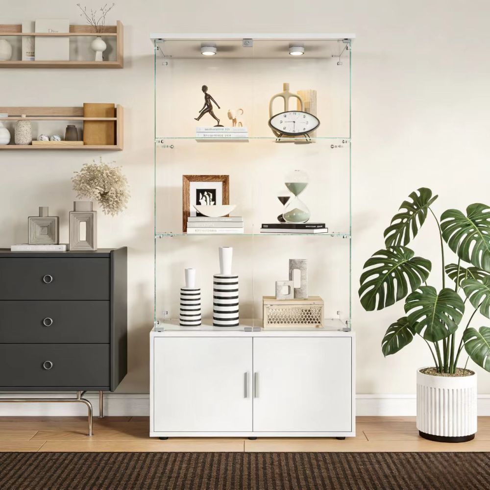 White Double-door 4-Layer Stor - Glass Cabinet Display avis et prix