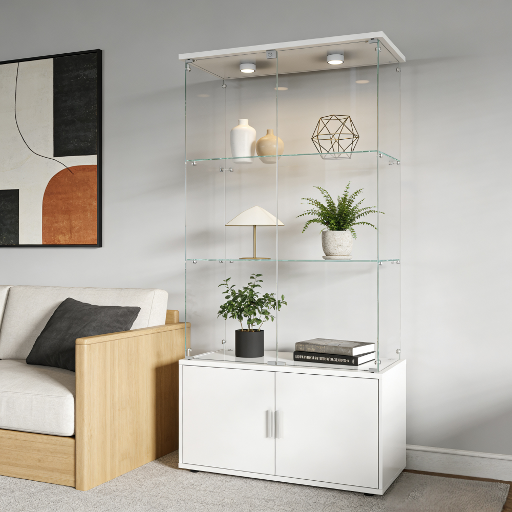 White Double-door 4-Layer Stor - Glass Cabinet Display avis et prix